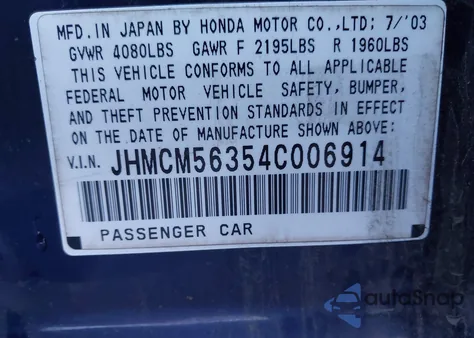 2004 Honda Accord 2.4 Lx из США, поврежденный, VIN JHMCM56354C006914